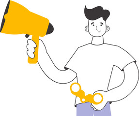 A man holds a mouthpiece and binoculars in his hands. Job Search Theme. H.R. Linear trendy style. Isolated. Vector.