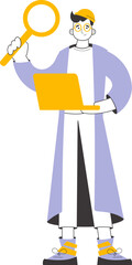 A man holds a magnifying glass and a laptop in his hands. Job Search Theme. H.R. Linear style. Isolated. Vector.