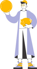 A man holds a coin and a piggy bank in his hands. The theme of saving money. Linear trendy style. Isolated. Vector.