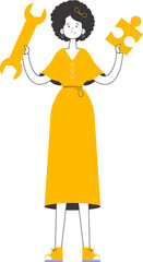 The girl is holding a wrench and a puzzle. Teamwork theme. Linear trendy style. Isolated. Vector.