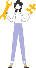 The girl is holding a wrench and a puzzle. Teamwork theme. Linear modern style. Isolated. Vector.