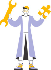 The guy is holding a wrench and a puzzle. Teamwork theme. Linear trendy style. Isolated. Vector.