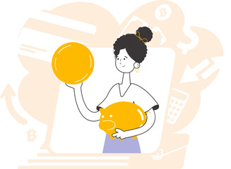 The girl is holding a coin and a piggy bank in her hands. The theme of saving money. Linear style.