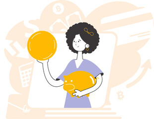 A woman holds a coin and a piggy bank in her hands. The theme of saving money. Linear trendy style.