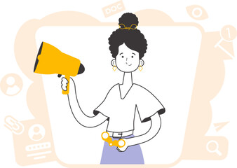 A woman holds a bullhorn and binoculars in her hands. Job Search Theme. H.R. Linear modern style.