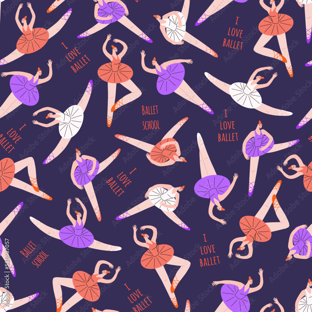 Poster seamless vector pattern with ballerinas in different positions.
