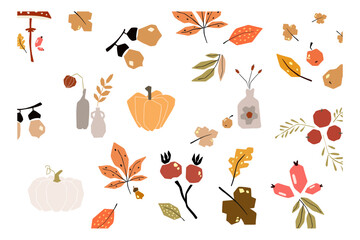 Autumn mood greeting card poster template. Welcome fall season thanksgiving invitation. Minimalist postcard nature leaves, trees, pumpkins, abstract shapes. Vector illustration in flat cartoon style
