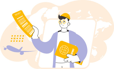 The man is holding a ticket and a passport. Travel theme. Linear modern style.