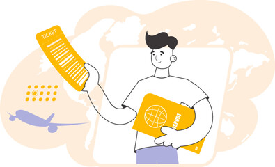 The guy is holding a ticket and a passport. Travel theme. Linear trendy style.