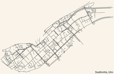 Detailed navigation black lines urban street roads map of the STADTMITTE DISTRICT of the German regional capital city of Ulm, Germany on vintage beige background