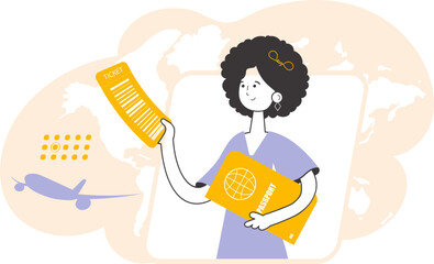 A woman is holding a ticket and a passport. Travel theme. Linear style.