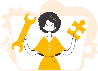 The girl is holding a wrench and a puzzle. Teamwork theme. Linear style.