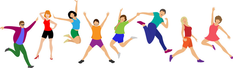 Group of young happy dancing people or male and female dancers isolated on a white background. Smiling young men and women enjoy a dance party. Colorful vector illustration in a flat cartoon style.