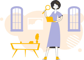 A woman holds a magnifying glass and a laptop in her hands. Job Search Theme. H.R. Linear style.