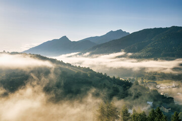 Misty mountain landscape in a summer morning. The Mala Fatra National Park, Slovakia, Europe.