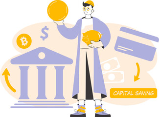 A man holds a coin and a piggy bank in his hands. The theme of saving money. Linear trendy style.