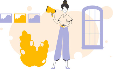 The girl is holding a bullhorn and binoculars in her hands. Job Search Theme. H.R. Linear modern style.