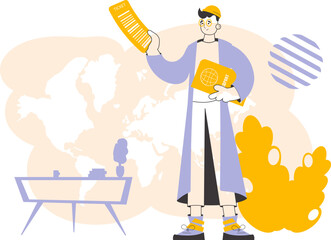 The guy is holding a ticket and a passport. Travel theme. Linear modern style.