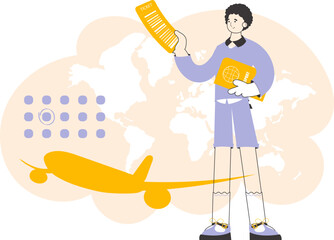 The guy is holding a ticket and a passport. Travel theme. Linear style.