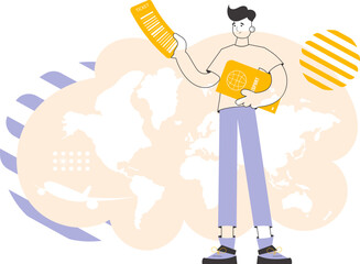 The man is holding a ticket and a passport. Travel theme. Linear trendy style.