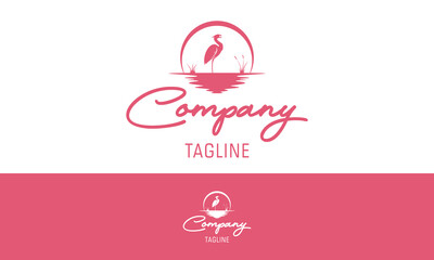 Pink Color Flamingo and lake landscape logo design