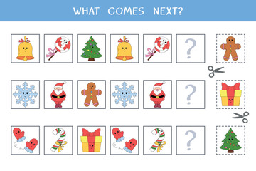 Simple logic game for kids. Find the next object in the row. Cut and glue. Vector worksheet