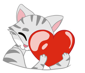 The happy American Shorthair Cat holds the big and soft  red heart acts as I love and good emotions.  Doodle with a cartoon.