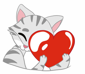 The happy American Shorthair Cat holds the big and soft  red heart acts as I love and good emotions.  Doodle with a cartoon.