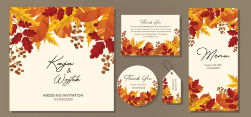 Foto op Canvas Wedding Invitation, menu card. Leaves design autumn foliage collection oak, maple, chestnut and ash. Vector elegant cute rustic greeting, invite postcard. © Nessa