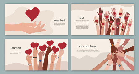 Banner with group of volunteer diversity people - editable poster template. Hand up holding a heart in their hand. Charity solidarity donation. Community. Hands in a circle.NGO. Web page