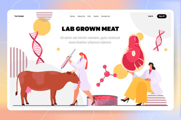 researchers examining beef steak made from animal cells artificial lab grown meat production scientific research