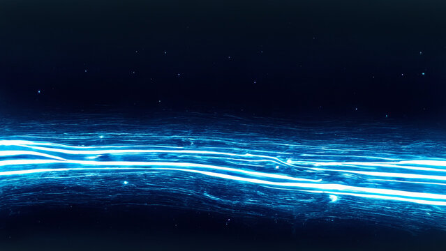 Abstract water and light lines on dark blue neon background.