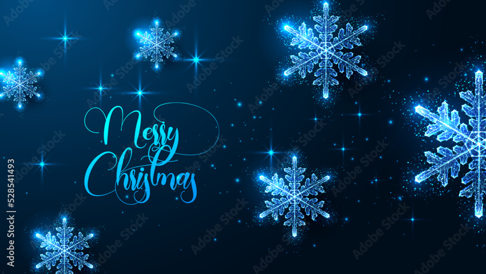 Wall mural merry christmas digital banner with glowing snowflakes and text on dark blue background.