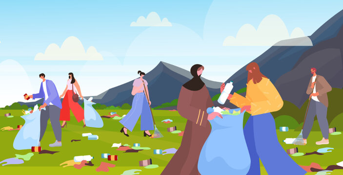 people collecting trash into bags clean up garbage ecological challenge save planet world environment concept