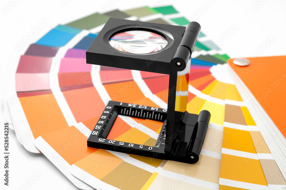 Fototapete printing loupe used to examine colour chart concept for color check, analyze quality of output colou
