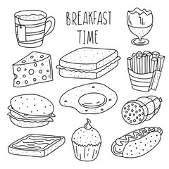 Breakfast time collection in hand drawn doodle style. Morning meal, coffee and tea, fried egg and croissant , toast, cheese. Meal time. Lunch time isolated on white background.