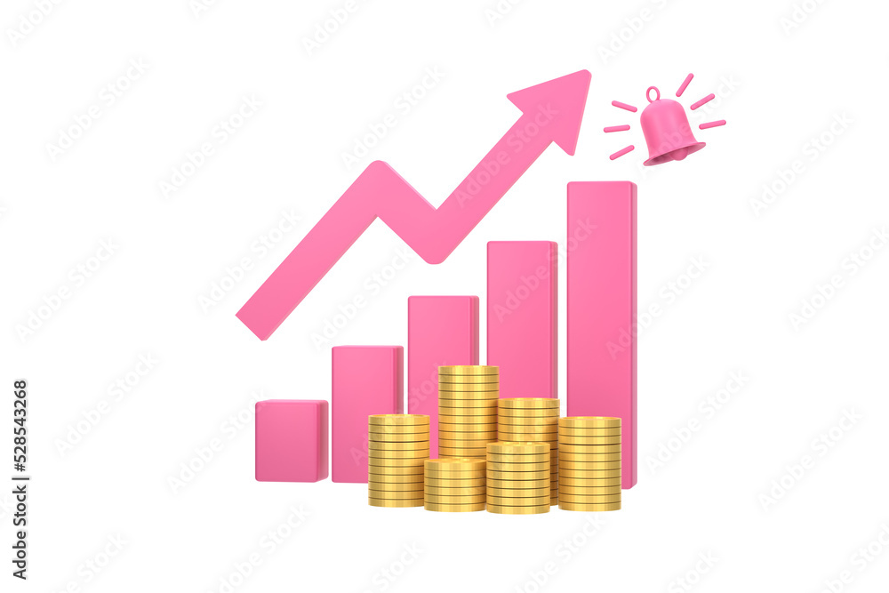 Poster 3d. pink rising arrow and profit bar graph with multiple arrangements of coins.
