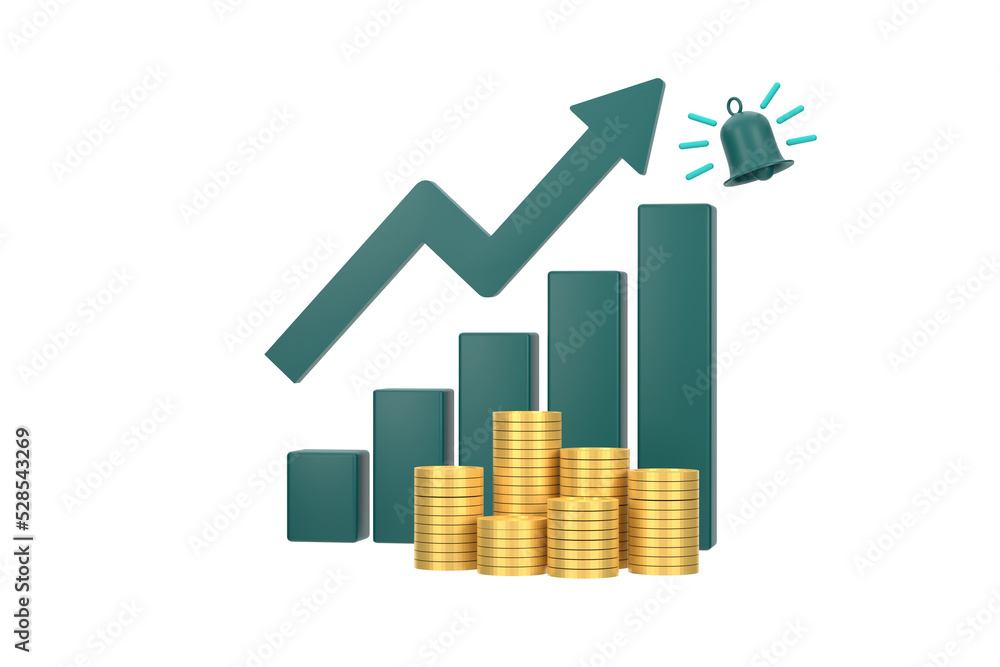 Poster 3d. green rising arrow and profit bar graph with multiple arrangements of coins.