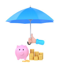 3D. Cartoon hand holding blue umbrella to protect money. illustration for savings concept.