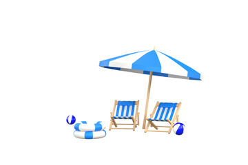 3D. beach umbrella, beach ball, swimming ring and beach chair. Summer travel and holiday concept.