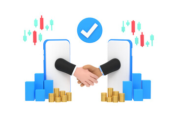 3D.businessman shaking hands through smartphone screens, concluding a contract via the Internet.