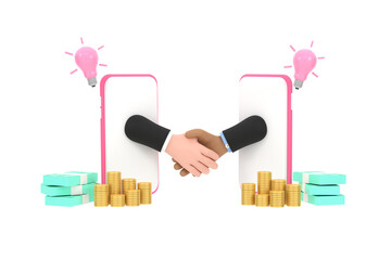 3D.businessman shaking hands through smartphone screens, concluding a contract via the Internet.