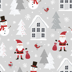 Christmas seamless pattern with Santa Claus, snowman, snowy house, christmas tree and snowflakes. Flat style.