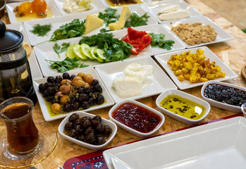 Breakfast table. Traditional Siirt breakfast dishes, etop view