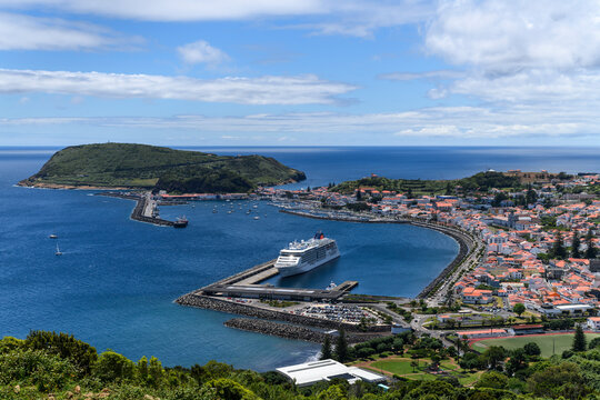 View over Horta, there is a cruise ship in the harbour / View over the city of Horta on the island of Faial, a cruise ship is in the port, Azores, Portugal.