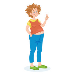 Young cute pregnant woman stands showing victory sign. In cartoon style. Isolated on white background. Vector illustration