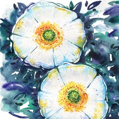 Two white buttercups flowers. Hand drawn watercolor