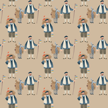 Olentzero (the mythic winter figure in Basque country and Navarre) and a little donkey loaded with gifts. Spanish (Basque) Christmas Tradition. Seamless background pattern