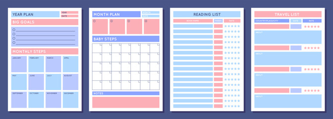 Cartoon Color Priorities Planners Schedule Template Layout Concept Set Include of Year Plan, Big Goals and Reading List. Vector illustration