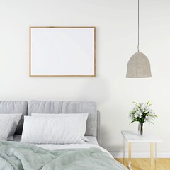 Bedroom with a blank horizontal frame mockup, a gray bed, a table with a flower vase and a ceiling lamp. 3d illustration, interior design, 3d rendering